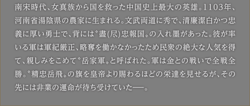 南宋時代、女真族から国を救った中国史上最大の英雄。1103年、河南省湯陰県の農家に生まれる。文武両道に秀で、清廉潔白かつ忠義に厚い勇士で、背には蓋（尽）忠報国の刺青があった。彼が率いる軍は軍紀厳正、略奪を働かなかったため民衆の絶大な人気を得て、親しみをこめて岳家軍と呼ばれた。軍は金との戦いで全戦全勝。精忠岳飛の旗を皇帝より賜るほどの栄達を見せるが、その先には非業の運命が待ち受けていた。