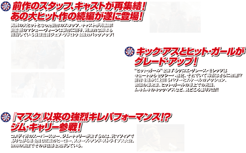 前作のスタッフ、キャストが再集結！ 
あの大ヒット作の続編が遂に登場！ 異例の大ヒットとなった前作のスタッフ、キャストが再集結！ 前監督のマシュー・ヴォーンは製作に回り、刺激的な脚本も担当している新鋭監督ジェフ・ワドロウを強力バックアップ！ キック・アスとヒット・ガールが
グレード・アップ！ “ヒット・ガール”を演ずるクロエ・グレース・モレッツはキュートからセクシーへ進化、それでいて毒舌はさらに加速!? 前作を遥かに上回るパワーとスケールのアクション、数倍の爆発量、ヒット・ガールの車上での死闘、ムキムキのキック・アスなど、見どころ盛り沢山!! 『マスク』以来の強烈キレパフォーマンス!? ジム・キャリー参戦！ コメディ界のスーパースター、ジム・キャリーが演ずるのは、元マフィアでありながら悪を憎む正義のヒーロー、スターズ・アンド・ストライプス大佐。独特の演技でその存在感を発揮している。